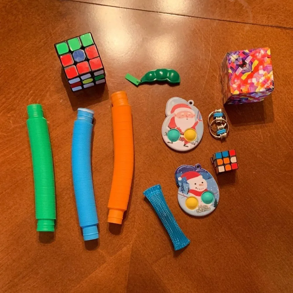 Colorful Kids Fidget Set with Puzzle Cubes, pop its, and tubes